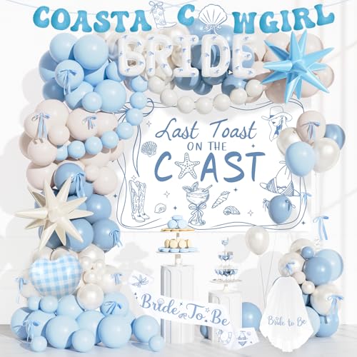 Costova Last Toast on the Coast Bachelorette – 119 Pcs Toast on the Coast Themed Party Supplies with Backdrop, Balloon Garland, Banner, Foil Balloon, Ribbon, Veil, Sash