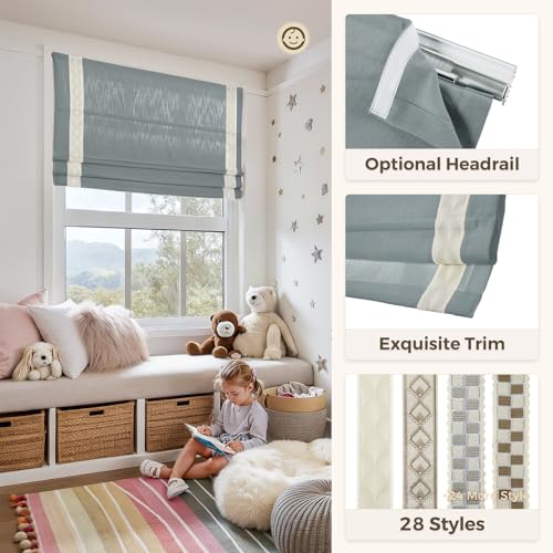 Image of TWOPAGES Isabella No Drill Cordless Roman Shade Linen Textured Cotton Roman Blind for Windows, Custom Made Room Darkening Blackout Roman Window Shade, Hardware Included, Stone Blue, 1 Piece