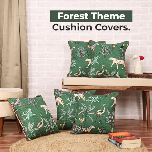 Image of Forest Theme Quilted Cushion Covers 16 inch x 16 inch Set of 5 Printed Square Cotton Throw Pillow Covers 40x40 cm Pack of 5 for Home Sofa Decoration