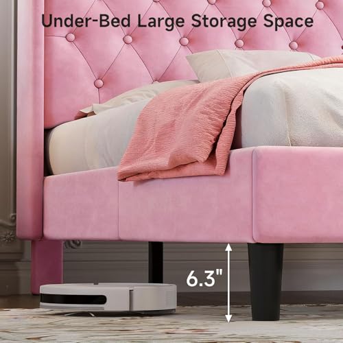 Image of koorlian Queen Bed Frame with Headboard, Adjustable Upholstered Platform Bed Frame with Type-C&USB Ports, Wingback Storage Headboard, Solid Wood Slats Support, No Box Spring Needed, Pink