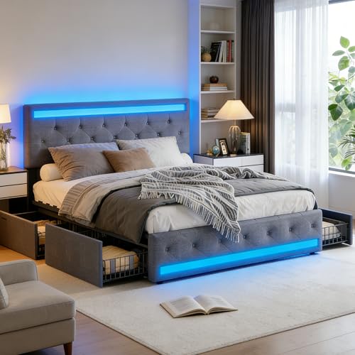 PerGar Bett 140x200, Polsterbett Doppelbett mit LED Beleuchtung und USB Ladefunktion, Boxspringbett Bettgestell mit 4 Schubladen und Verstellbares Kopfteil, Leinenstoff, Dunkelgrau, Ohne Matratze PerGar Bett 140x200, Polsterbett Doppelbett mit LED Beleuchtung und USB Ladefunktion, Boxspringbett Bettgestell mit 4 Schubladen und Verstellbares Kopfteil, Leinenstoff, Dunkelgrau, Ohne Matratze