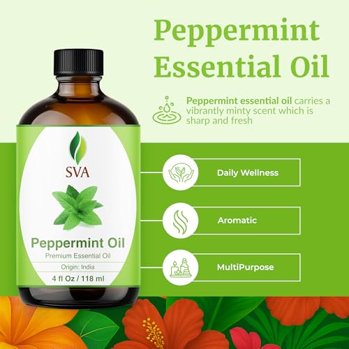 Image of SVA Peppermint Essential Oil - 4 Fl Oz - 100% Natural Peppermint Oil - for Diffuser, Hair Care, Face, Skin Care, Aromatherapy, Scalp and Body Massage, Soap and Candle Making - with Dropper
