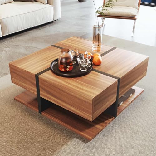 KOMHTOM Table Basse carrée de Couleur Bois Table Basse Coffre avec 4 tiroirs et Compartiment de Rangement Ouvert pour Salon Chambre à Coucher (Noir + Bois)