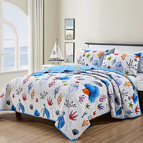 Mocaletto Ocean Quilts, Reversible Kids Nautical Quilt Set Bedding Set with Pillow Shams, Coastal Bedding 3 Piece Beach Sea Bedspread, Lightweight Microfiber King Size Coverlet