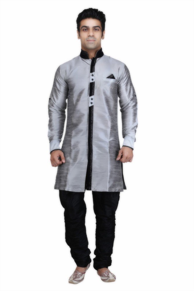 Men's Raw Silk Indo Sherwani (Silver, 44)-image-46