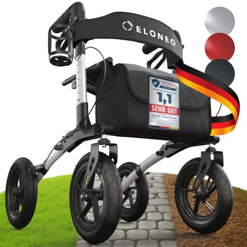 ELONEO Rollator faltbar und leicht mit Sitz Outdoor Rollator mit Luftbereifung inkl. Sitzfläche Rückengurt höhenverstellbare Gehhilfe aus Aluminium inkl. Tasche und Stockhalter Silber