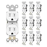 TOPELER Standard Electrical Wall Outlet, 15A 125V, 2 Pole 3 Prong, Tamper Resistant Wall Socket, Self-Grounding, Residential Grade Wall Receptacle, UL Listed, White, 10 Pack