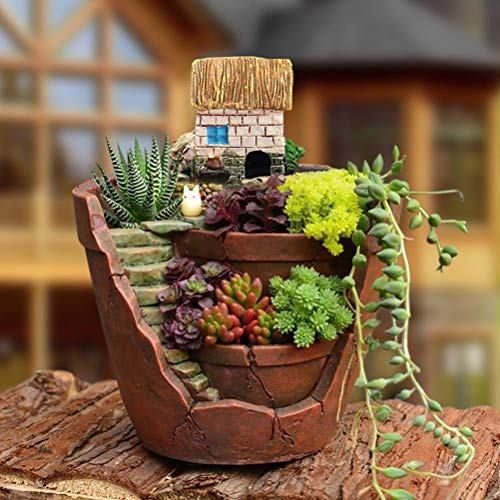 TiSkying Creative Succulent Plants Pot, Fairy Garden Resin Flower Pots Sweet House DIY Garden Decoration, Brown, 13*10*10cm - Image 3