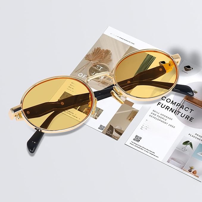 Image of Creature Oval Metal Frame Sunglasses for Men & Women | Vintage Retro Style | UV Protection | Gold Frame with Dark Lenses
