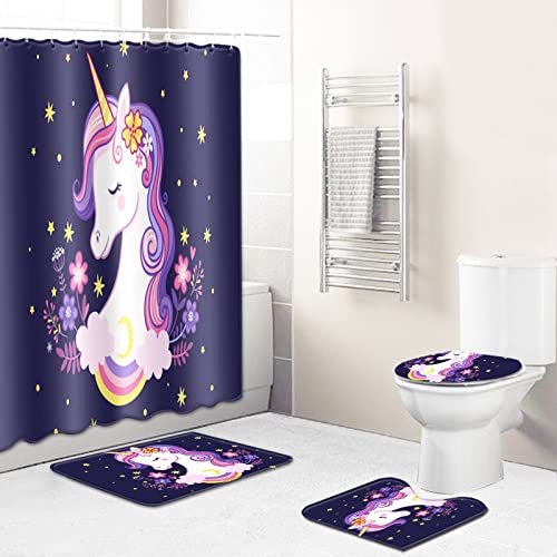 Badezimmerteppich Kinderkarikatur Einhorn Badematte Set 3 Teilig,Teppich Badvorleger rutschfeste (50x80)+U-Typ…