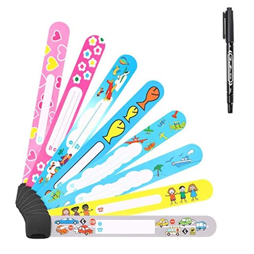 Vicloon Pulsera Identificativa Niños + Marcador, 8 piezas Pulsera Seguridad Anti perdida Pulsera de Emergencia Impermeable Reutilizable para Niños Niñas Bebé