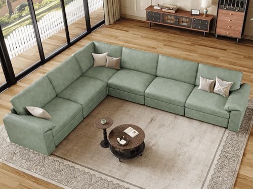Image of EASE MOOSE Leather Sectional Couch, Oversized Modular Sectional Sofa, Classic Wide Deep Seat Modular Couch, Scratch Resistant Faux Leather Material, L Shaped Sofas for Living Room, Green