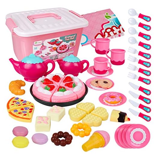 D-FantiX Tea Party Set for Little Girls, 52Pcs Kids Pretend Play Princess Tea Time Set for Toddlers Play Food Toy Afternoon Tea Playset Accessories, Plastic Teapots Teacups Cookies Cakes Donuts