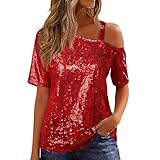 Womens Sparkly Sequin Top Cold Shoulder Glitter Short Sleeve Dressy Party Blouse Shirts Summer Fashion Party Blouse Red XL
