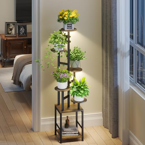 Image of Homsorout Plant Stand Indoor with Grow Light,6-Tiered Tall Plant Stand Indoor, Metal Plant Shelf with Adjustable Light, Ideal for Living Room, Garden, Patio (Black Brown)