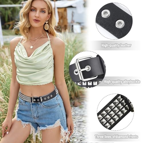 Black Studded Belt, 3 Pcs Y2K Belt Emo Girl Goth Punk Rock Double Grommet with Pyramid Scene for Women Men3