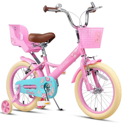 Image of Glerc 16 Inch Girls Kids Bike for Children Ages 4 5 6 7 8 Years with Stabilisers & Doll-Seat & Basket, Pink