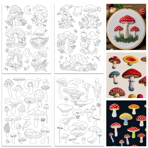 ORIGACH 4 Sheets Large Water Soluble Embroidery Patterns Stabilizers - Pre-Printed Mushroom Moon Star & Flower Hand Sewing Stabilizers- Stick & Stitch Embroidery Patterns for Hand Sewing Beginner