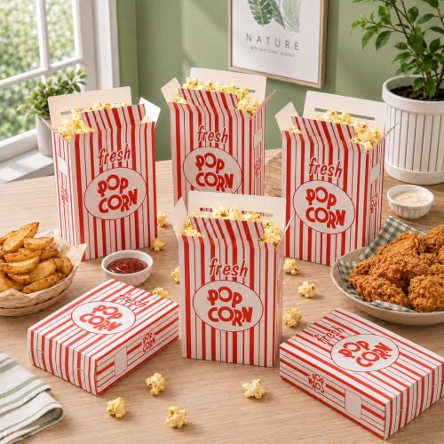 Image of Fasmov 100 Pack Large Paper Popcorn Boxes, 6 inch L x 2 1 /2 inchW x 8 1 /2 inchH Close Top Movie Theater Popcorn Boxes, Popcorn Containers for Movie Party and Theater Night (Red and White Stripes)