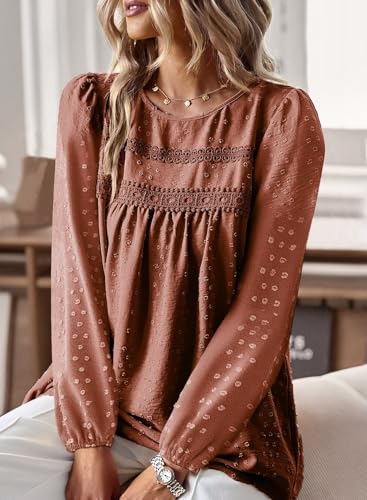 Womens Fall Tops Crewneck Long Sleeve Shirts Casual Chiffon Blouses Flowy Lace Hem Boho Clothing Trendy 20252
