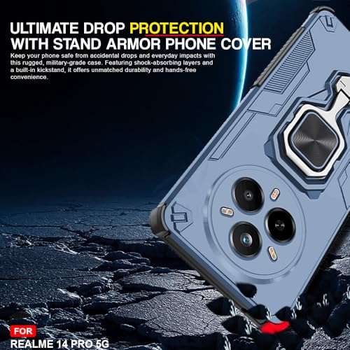 Image of AESTMO Armor Back Cover for Realme 14 Pro 5G | Ring Holder & Kickstand & Camera Protection in-Built | 360 Degree Protection Back Case Cover (Blue)