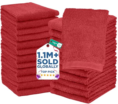 Image of DAN RIVER 24 Pack Wash Cloths for Showering [12x12] - 100% Cotton Washcloths Premium Quality Flannel Face Cloths for Bathroom, Highly Absorbent and Soft Feel Wash Clothes, Red