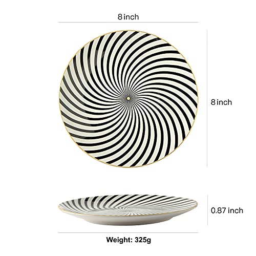 YCBH 8 Inch Set of 4 Assorted Designs, Porcelain Plates With Patterns,Black Ceramic Dessert Plates, Dishware with Golden Rim for Sandwiches Salad Pasta, Microwave Oven Dishwasher Safe (A) - Thumbnail 3
