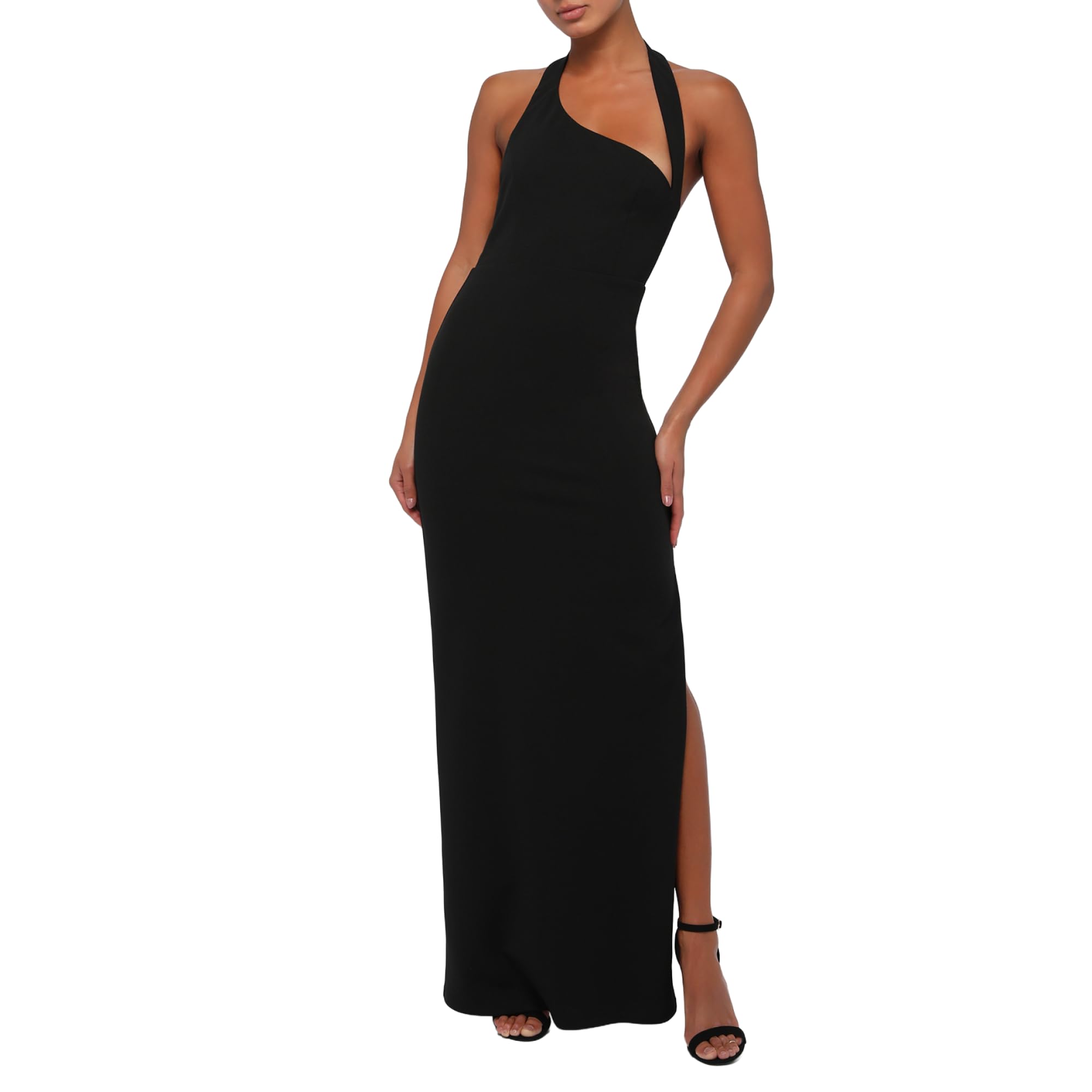Photo 1 of Lulus Women’s Elegant Floor Length Formal Maxi Dress, Asymmetrical Halter Neck Evening Gown with Side Slit and Fitted Waist Black