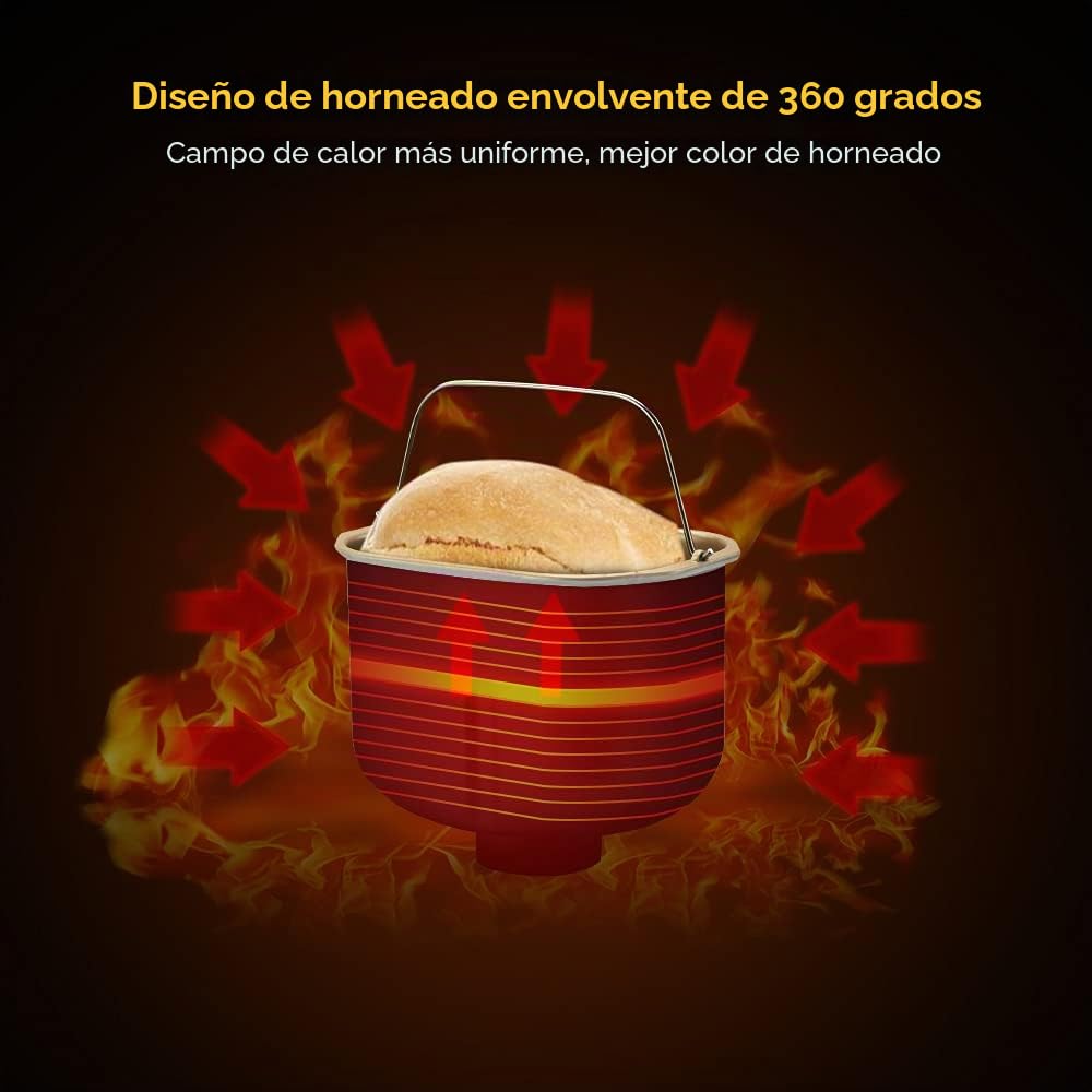 Panificadora de acero inoxidable, 650 W, 19 programas, compartimento automático para ingredientes, para 500 g, 750 g y 1000 g, color plateado