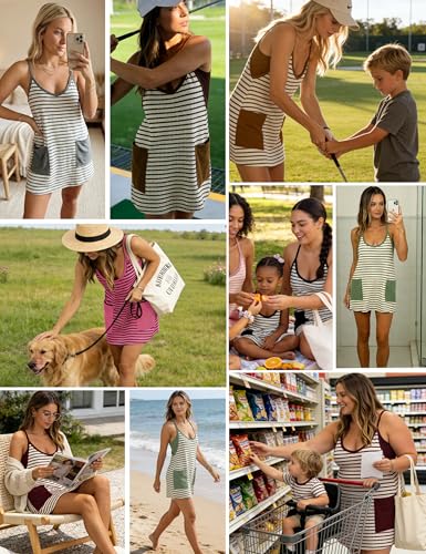 Image of Womens Athletic Sundress with Built-in Shorts Golf Tennis Romper | Sleeveless Mini Spaghetti Strap dress Functional side pockets tummy-friendly fit casual beach vacation