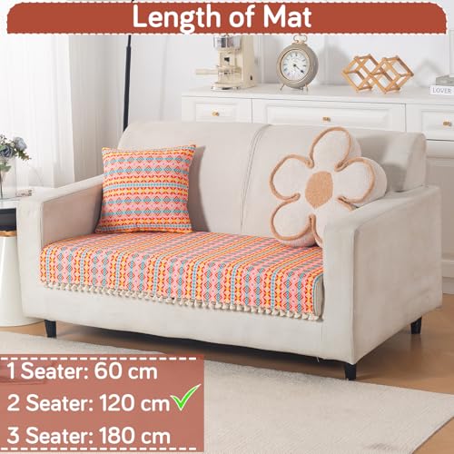 Image of HOKIPO Sofa Cover Mat with Tassel for 2 Seater Sofa | 300 GSM Thick Cotton Acrylic Jacquard Fabric,'Trivana Series' Coral Orange (IN-934-J2*S)