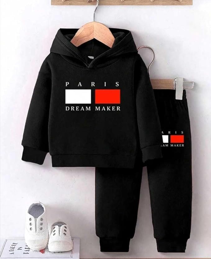 Black Cotton Hoodie and Jogger Pant Set for Kids | Paris Dream Maker Chest Print | Soft and Comfortable Winter Co-Ord Outfit for Boys & Girls (Black - 9 Months to 12 Months) 4