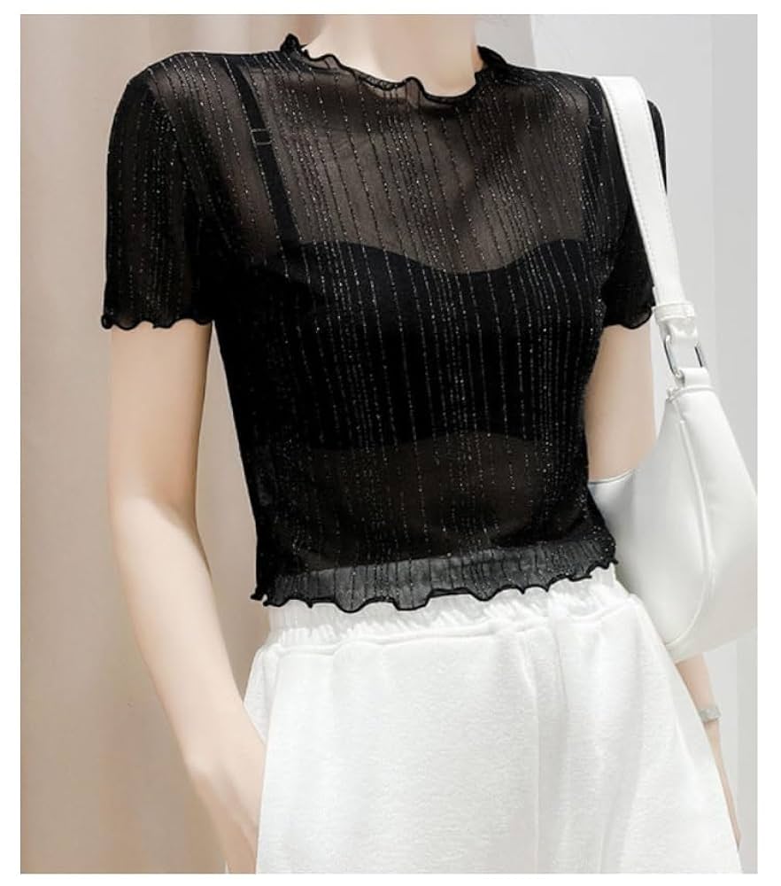 Amazon.co.jp: Short Sleeve See-Through Tops, Women's, Sheer
