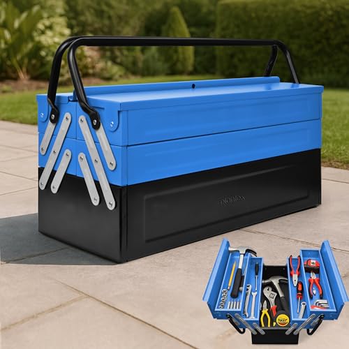 Image of Plantex Metal Tool Box /Tools Box With Large Capacity /Empty Tool Box /Tool Organizer For Carpenter, Garage, And Home Essential Tools - 5 Compartments - (Blue & Black)