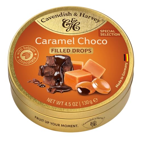Cavendish & Harvey Caramel Drops gefüllt mit Schokolade 130g Dose | Special Edition | Karamellbonbons mit belgischer Schokolade gefüllt | Halal Koscher | 1 x 130g