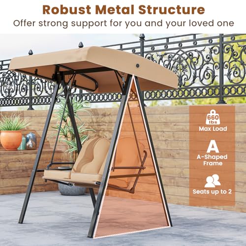 Image of Tangkula 2 Person Porch Swing, Patio Swing with Adjustable Canopy, Heavy-Duty Metal Frame & Soft Cushion, Outdoor Swing for Backyard, Garden (Beige)