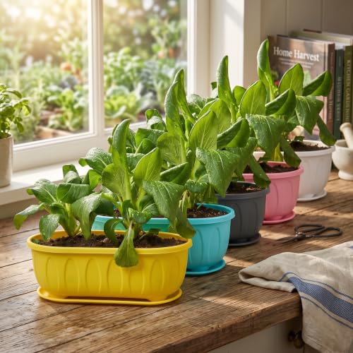 Image of Plastic Rectangle Round Corner Flower Pots with Drainage Hole Saucers Durable Outdoor Indoor Planters with Tray Plant Containers for Balcony, Garden, Home & Office (Set of 5 Multi)