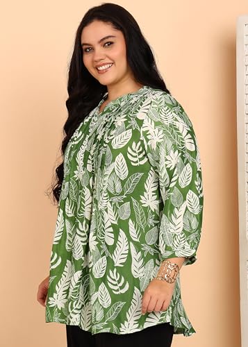 Image of Yash Gallery Women's Wrinkle Free Printed Short Kurti Mandarin Collar with Pintuck Pleats 3 /4th Sleeve