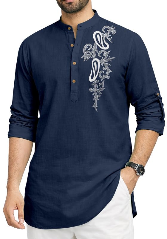 imperial choice Cotton Blend Self Design Printed Casual Short Kurta for Men Long Sleeve Mandarin Collar Stylish Kurta Shirt for Men-picture-11