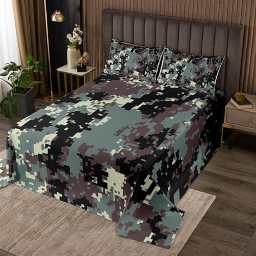 Homemissing Camo Tagesdecke 240x260cm Bauernhaus Bettüberwurf Jagd Steppdecke Wälder Camouflage Wohndecke mit 1 Kissenbezug Grün Schwarz Beige Bettdecke Steppdecke