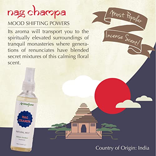 Aromafume Nag Champa Natural Mist Spray 100 Ml / 3.3Oz | Made With Sandalwood, Jasmine, Ylang Ylang & Champa Flower Extracts | Ideal For Meditation And Rituals | Non-Alcoholic, Non-Toxic & Vegan #TOP3