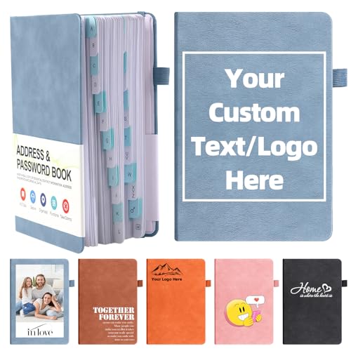 Vebermo Personalized Address Book with Alphabetical Tabs, Free Engraving Your Text Logo Image On The Cover, Address Book for Record Contacts, Phone, Email, Important Information,Blue