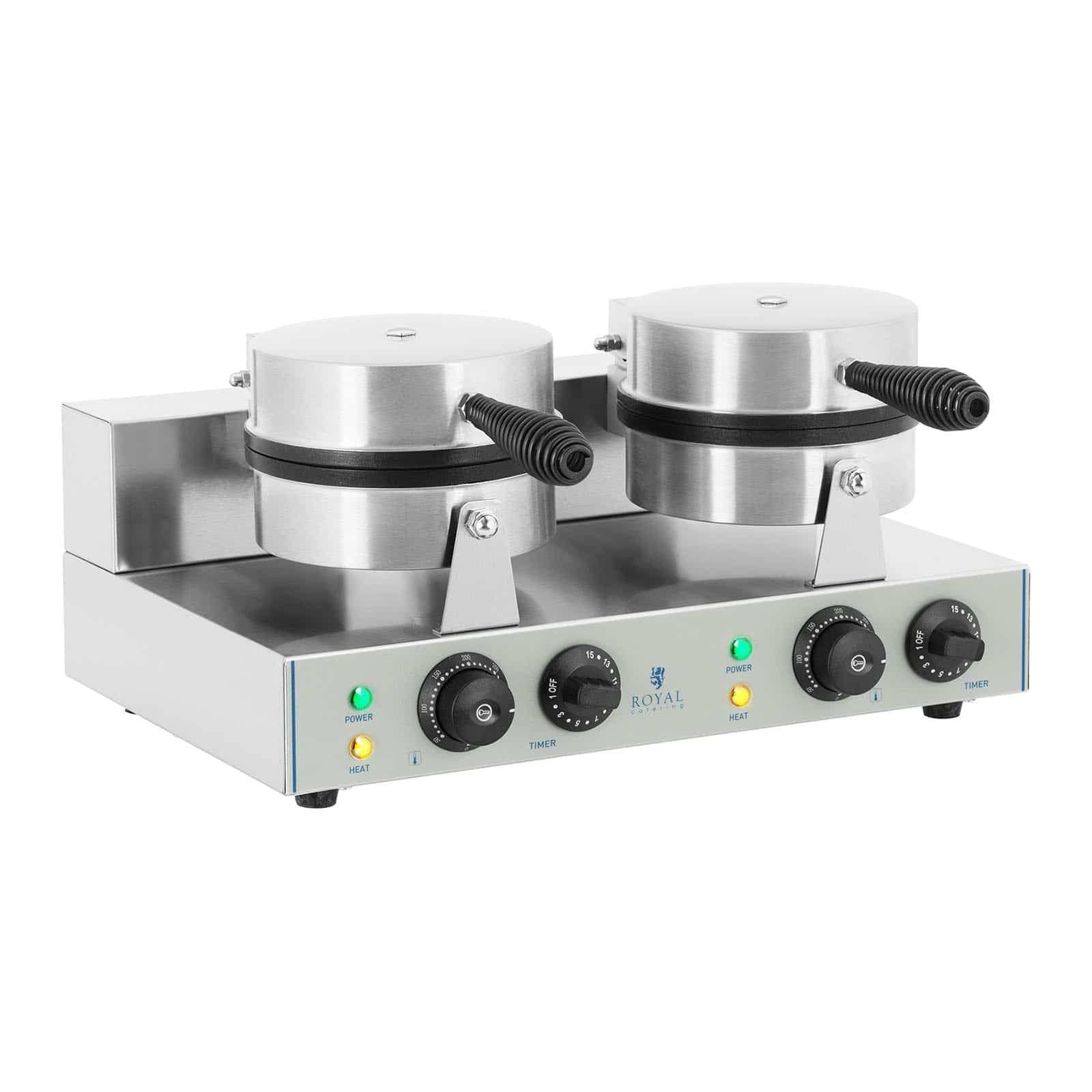 Royal Catering RCWM-2600-R gofrera doble redonda (2 x 1300 W, temporizador 15 min, teflón y aluminio, acero inoxidable)