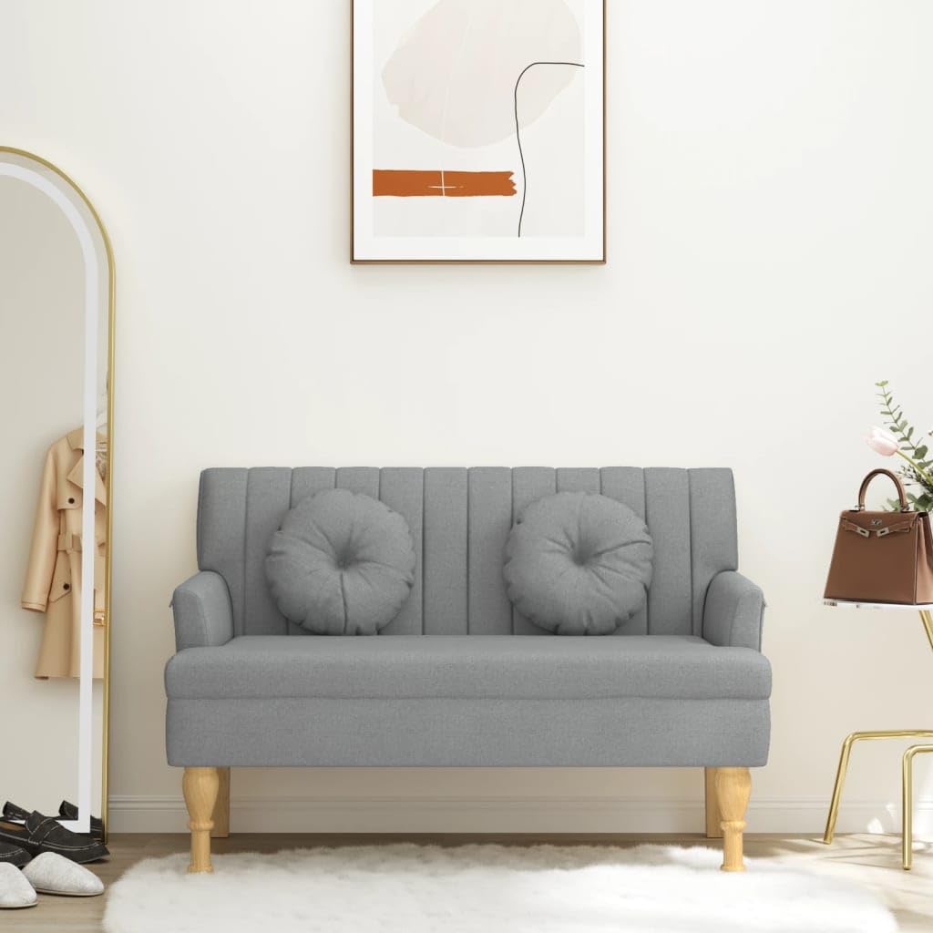 Banco de tela gris claro 113 x 64,5 x 75,5 cm con respaldo, asiento y reposabrazos acolchados gruesos, patas de madera de caucho maciza, estructura de madera contrachapada robusta, soporta