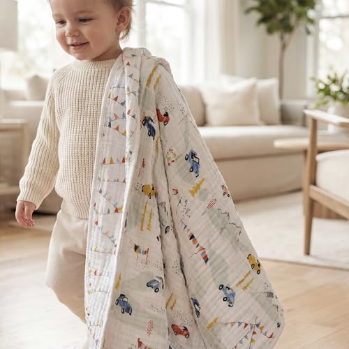 Image of aden + anais Essentials Cotton Muslin Dream Blanket, Perfect for Babies, Infants and Toddlers, Crib Blanket, Nursery Essential, Vintage Car Rally