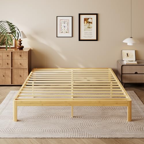 Image of 14 Inch King Bamboo Platform Bed,Mid-Century Wood Bed Frame King Size, No Box Spring Needed, Natural Finish, Easy Assembly