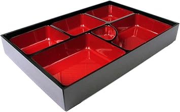 JapanBargain, Large Lunch Bento Box 6 Compartments Japanese Traditional Plastic Lacquered for Restaurant or Home Tray and Plate 2pc Set Made in Japan, Red and Black Color, 14x10.5 inch