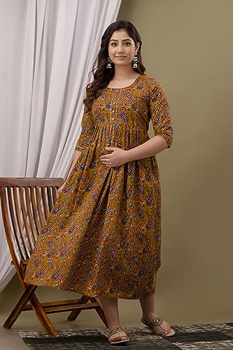 Image of Maternity Feeding Kurti for Women | Cotton Blend Anarkali Dress with Nursing Zip for Pre & Post Pregnancy