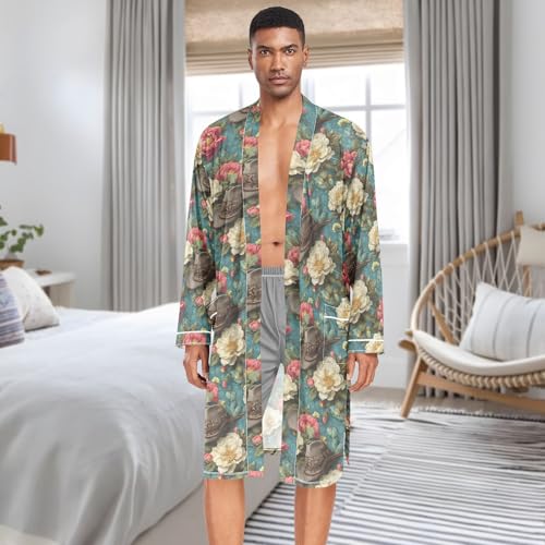 Men’s Robe Floral Hat Print, Long Sleeve Bathrobe for Sleep Shower-M3
