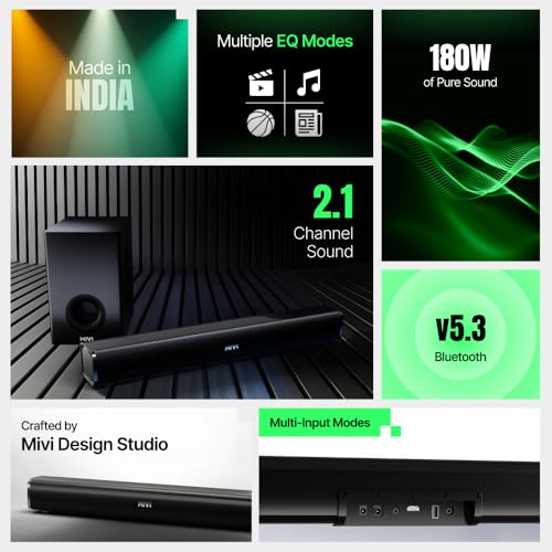 Image of Mivi Fort Hip-Hop 1000 Soundbar | 180 Watts Home Theater Speaker | 2.1 Channel Sound Bar for Smart TV with Wired Subwoofer | Bluetooth v5.3 | Multiple EQ & Input Modes | Made in India